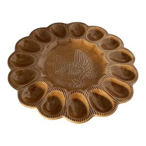 Calif USA S29 Deviled Egg Platter Brown Ceramic Chicken Hen 10.5" MCM Vintage